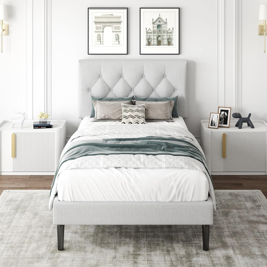 CXVX Twin Size Platform Bed Frame with Upholstered Headboard, Button Tufted Design, Strong Wooden Slats, No Box Spring Needed, Easy Assembly, Noise Free