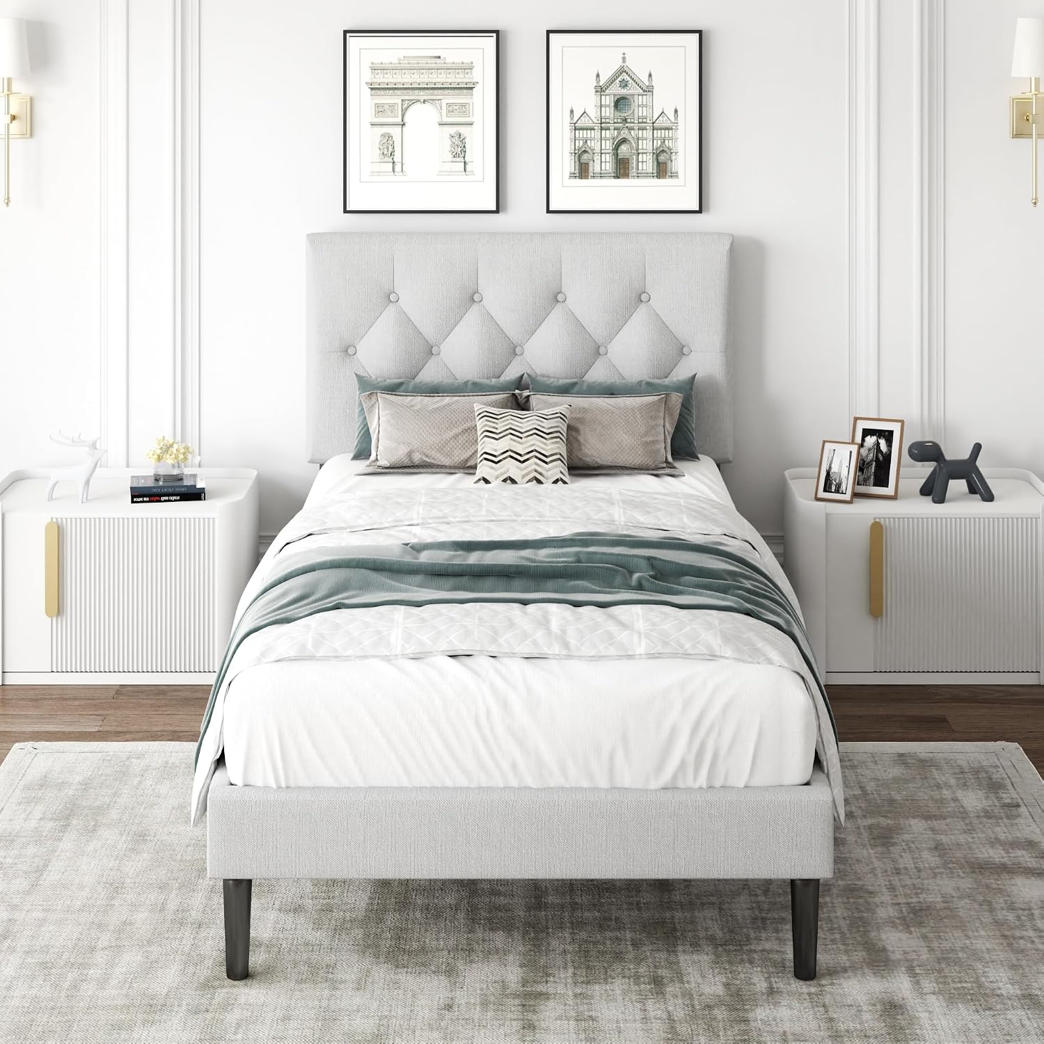 CXVX Twin Size Platform Bed Frame with Upholstered Headboard, Button Tufted Design, Strong Wooden Slats, No Box Spring Needed, Easy Assembly, Noise Free
