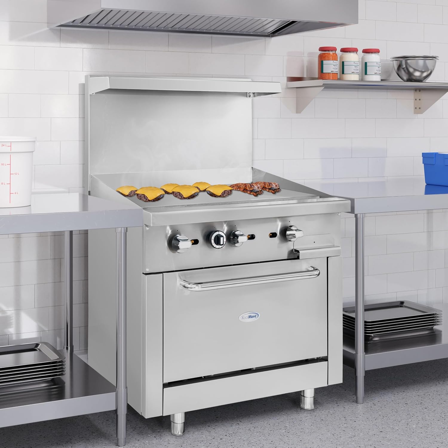 KoolMore 36 in. Commercial Natural Gas Oven with Full Griddle Top, Ceramic Coated Interior and Large Upper Shelf, 90000 BTU, CSA Listed in Stainless-Steel (KM-CRG36G-NG)