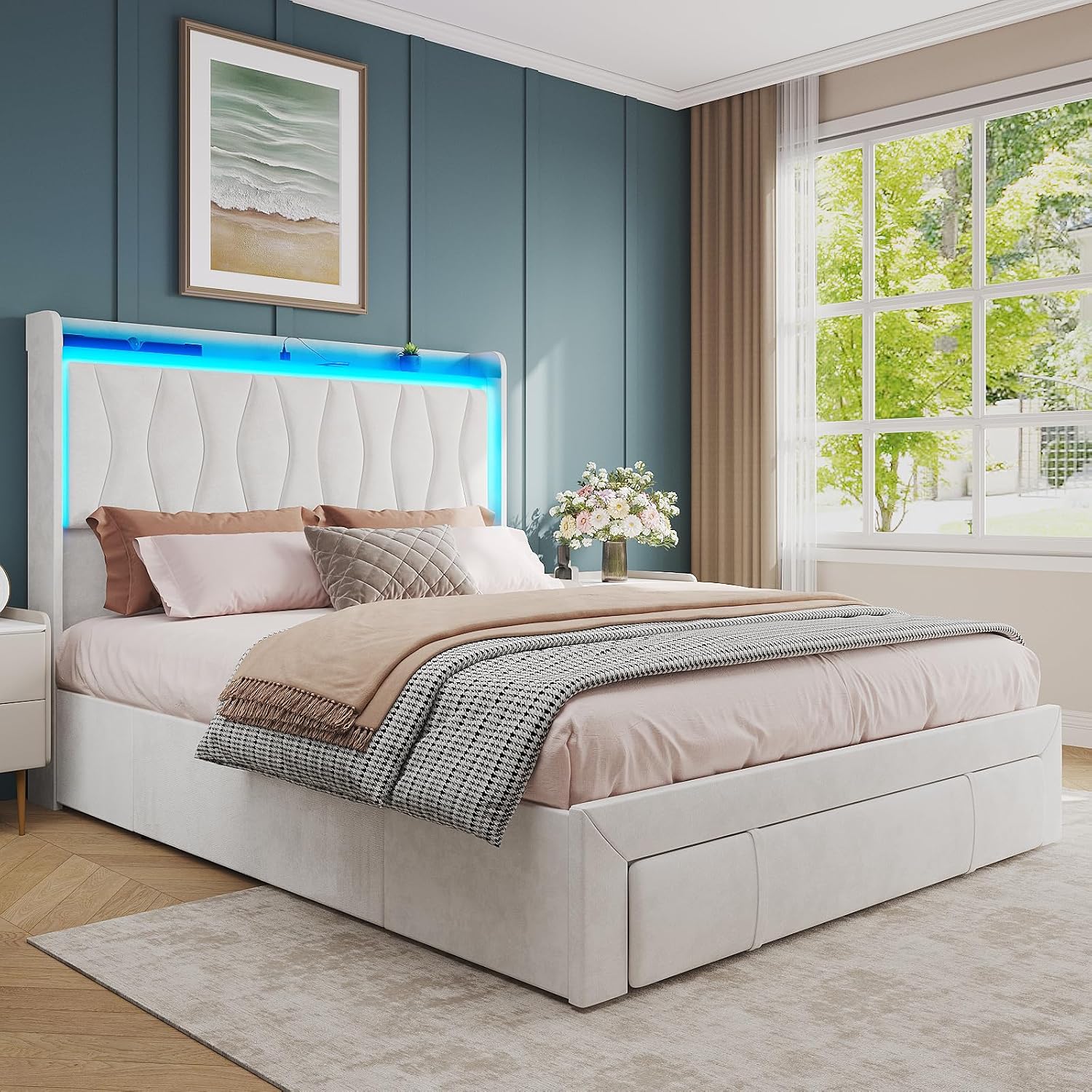 Fameill Full Size Bed Frame with LED Light and 3 Drawers Storage, Upholstered Velvet Platform Bed Frame with Charging Station, Wingback Tall Headboard, No Box Spring Needed, Beige