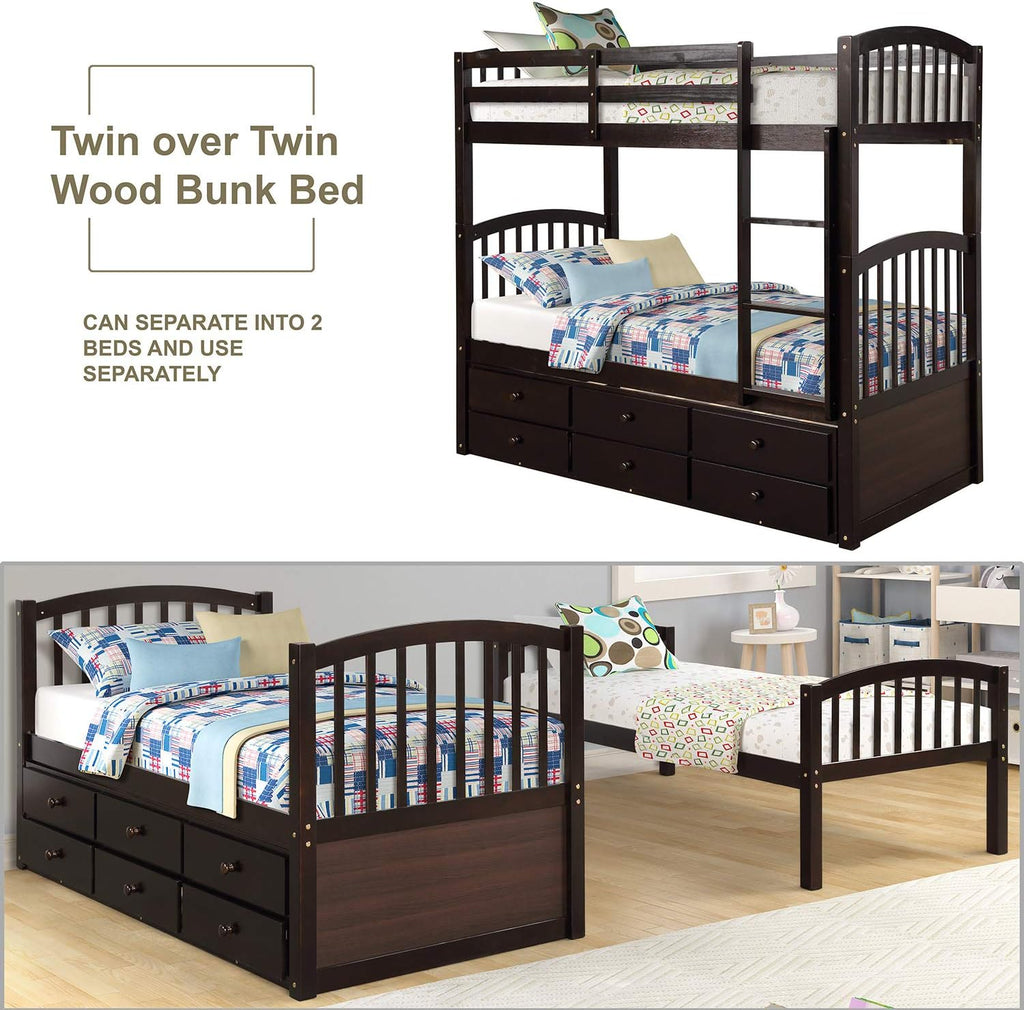 Harper&Bright Designs Twin Over Twin Bunk Bed with Safety Rail, Ladder, Twin Trundle Bed with 3 Drawers for Bedroom, Guest Room Furniture, Dark Espresso