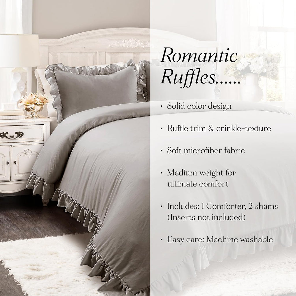 Lush Decor Reyna Ruffle Comforter Set - 3 Piece Cozy Ruffled Bedding Set - Timeless Elegance and Comfort for Bedroom - King, Gray