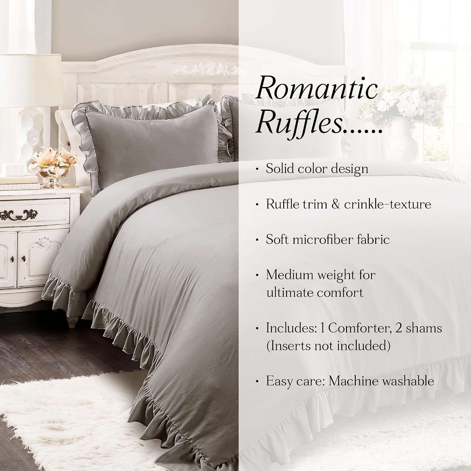 Lush Decor Reyna Ruffle Comforter Set - 3 Piece Cozy Ruffled Bedding Set - Timeless Elegance and Comfort for Bedroom - King, Gray