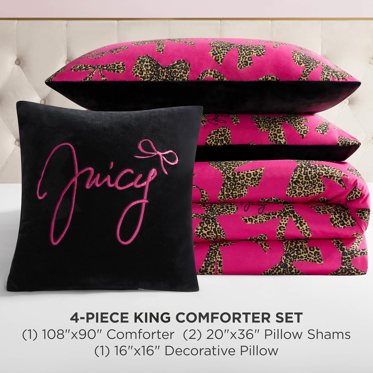 Juicy Couture Plush Reversible Cheetah Bows 4-Piece King Comforter Set with Decorative Pillow