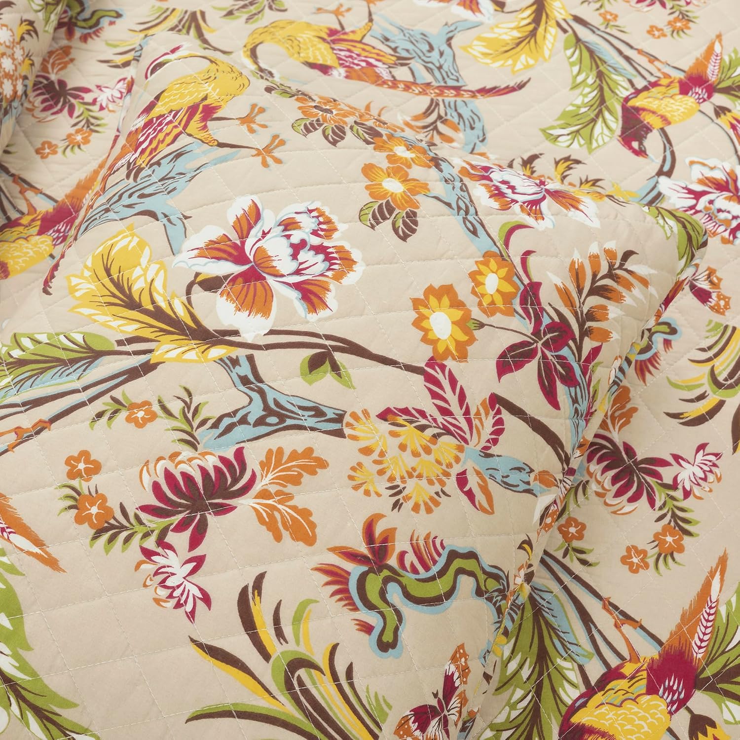 Lush Decor Dolores Reversible Cotton Quilt King Size 3 Piece Set Neutral & Multi - Tropical Bedding Set King - Floral Quilt - Cottage Bedroom Decor