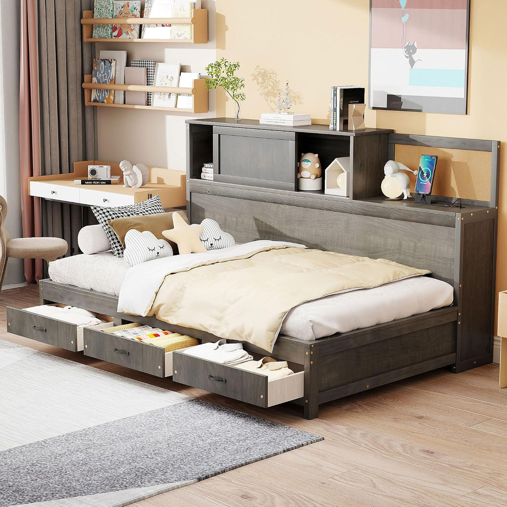 Merax Twin Size Daybed with 3 Storage Drawers,Headboard with Shelf,A Set of Sockets and USB Ports,Grey