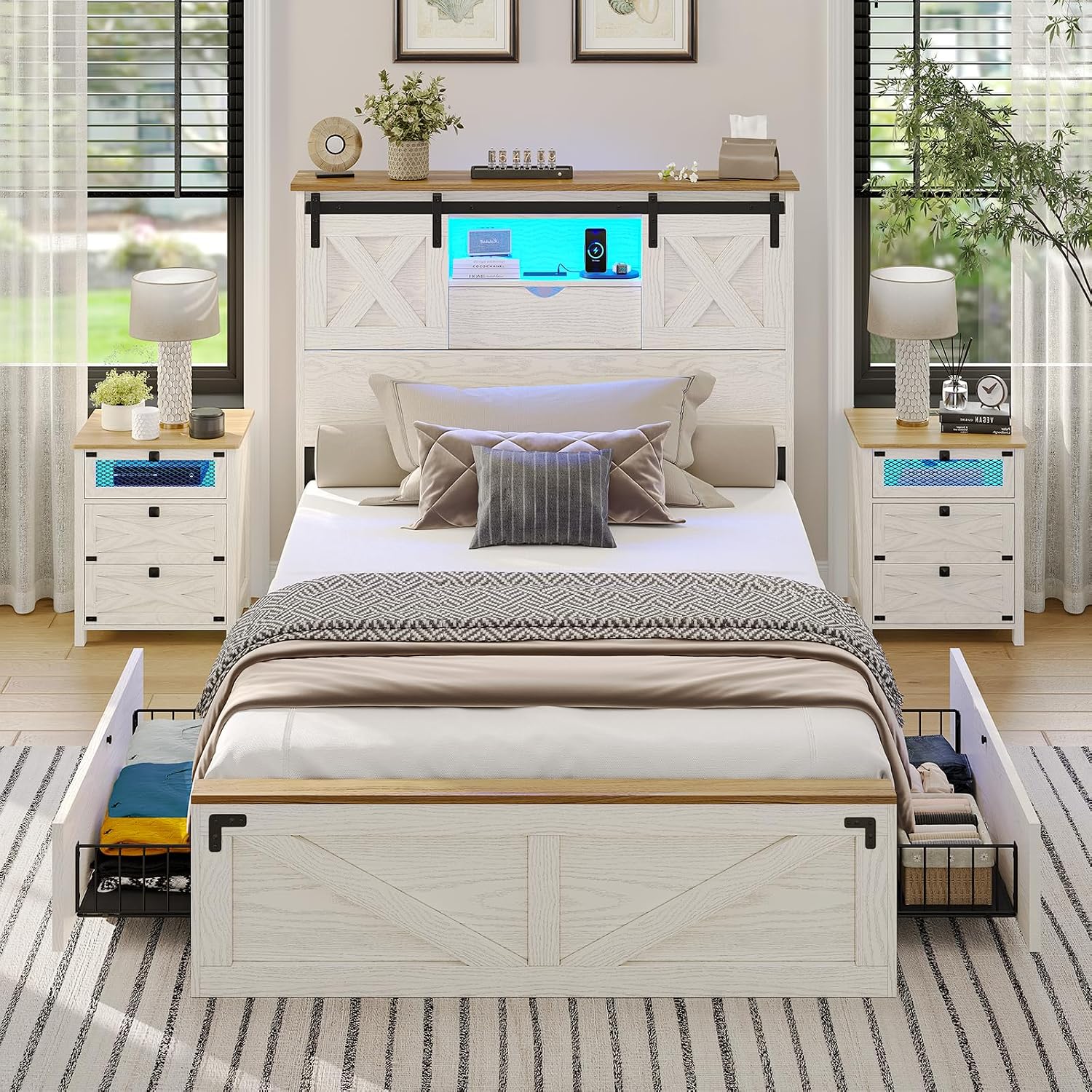 Hasuit Farmhouse Bed Frame Twin XL Size with 2 Storage Drawers, Wooden Platform Twin XL Bed with LED Lights and Charging Station, Rustic Headboard with Sliding Barn Door Storage Cabinets (White)