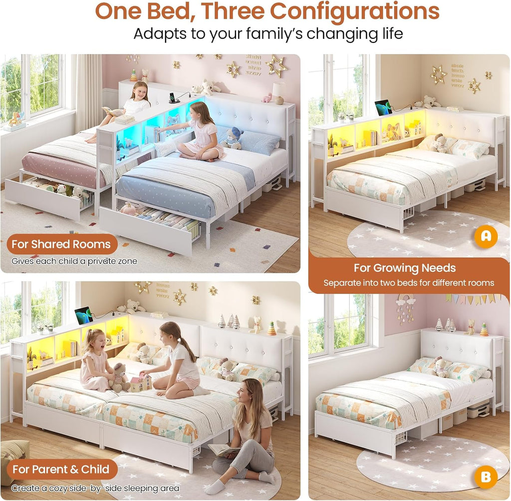 DICTAC Twin Beds for 2 Kids with Storage Bookcase Divider, Charging Station and LED Lights, Double Twin Bed with 2 Large Drawers and Headboard Storage, Metal Platform Bed for Shared Bedroom, White
