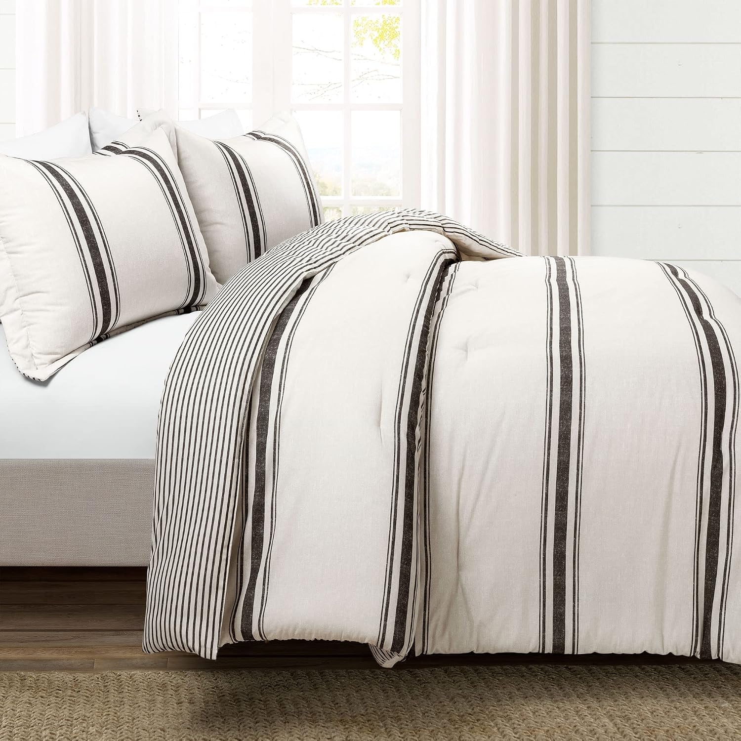 Lush Decor Farmhouse Stripe Reversible Cotton Comforter Set, 3 Piece Set, California King, Black - Cozy Farmhouse Bedding Set - Rustic Decor - Striped Comforter - Modern Farmhouse Bedroom Decor