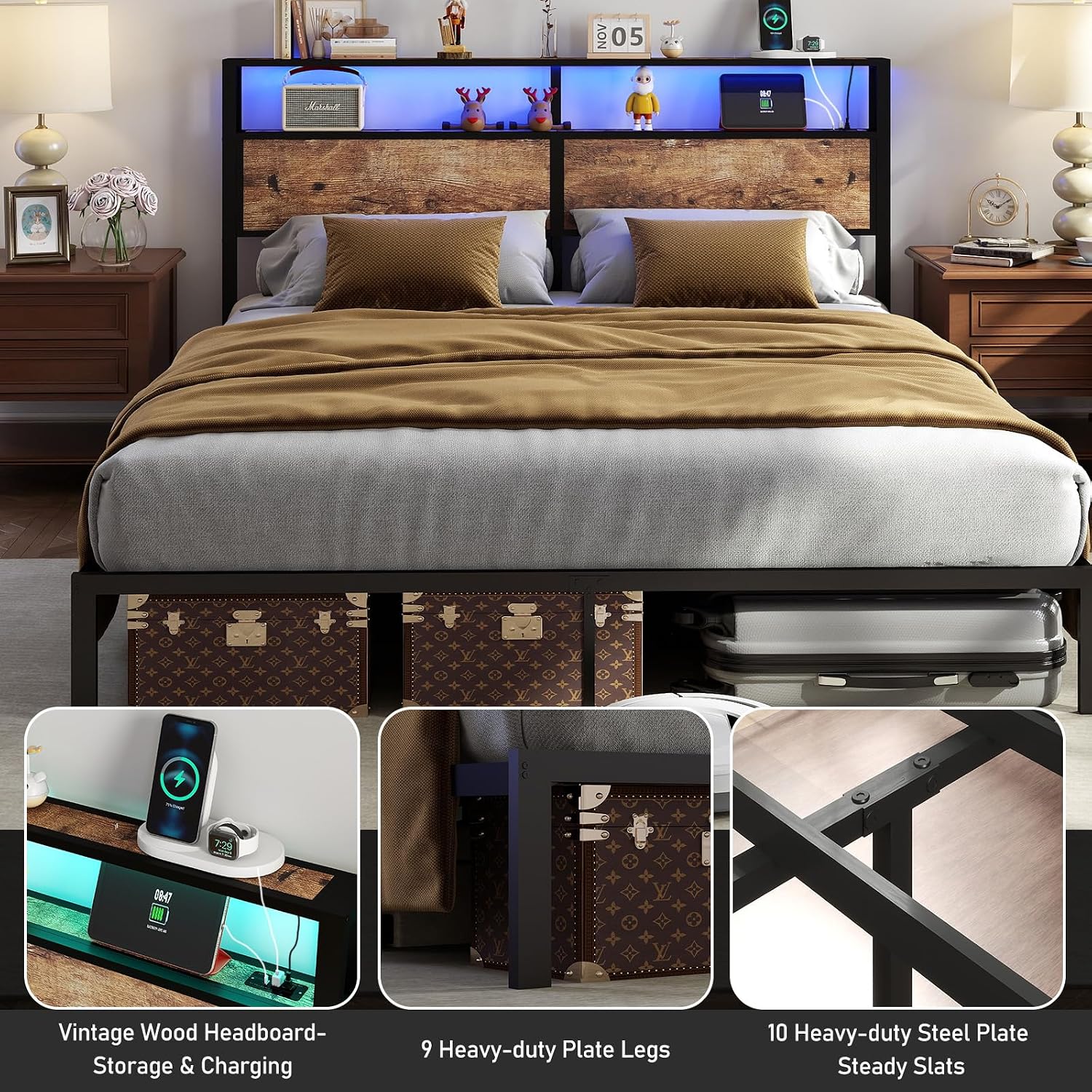 King Size Bed Frame with Headboard, Metal Platform Bed Frame with LED Lights & Charging Station, Under Bed Storage, Solid and Stable, No Box Spring Needed, Noise Free, Easy Assembly, Vintage Brown