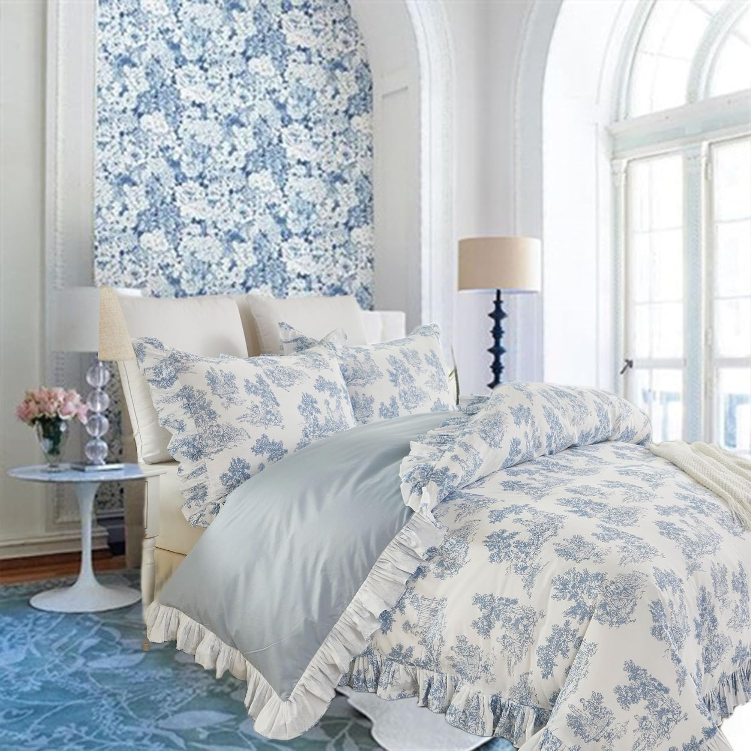 Brandream French Toile Duvet Quilt Cover Full Size 100% Cotton Bedding Set Pastoral Toile Cottagecore Grandmillennial Tapestry Pattern Garden Floral Blossom Tree Delicate Ruffle Fringe Design, Blue
