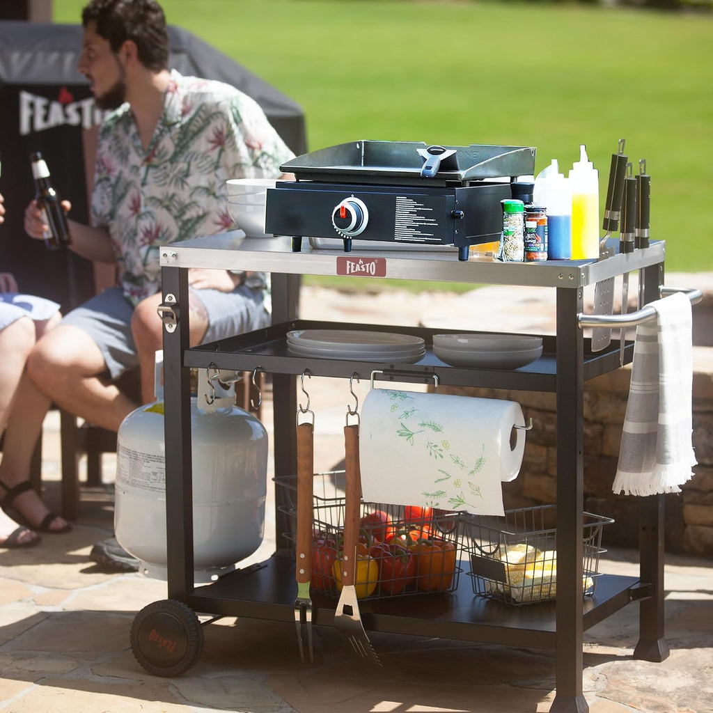 Feasto 3-Shelf Pizza Oven Table 33.5' x 21.7' Stainless Top, Rolling Outdoor Grill Cart with Waterproof Cover for Pizza Ovens & Griddles, Heavy-Duty BBQ Prep Station for Patio & Deck, Black