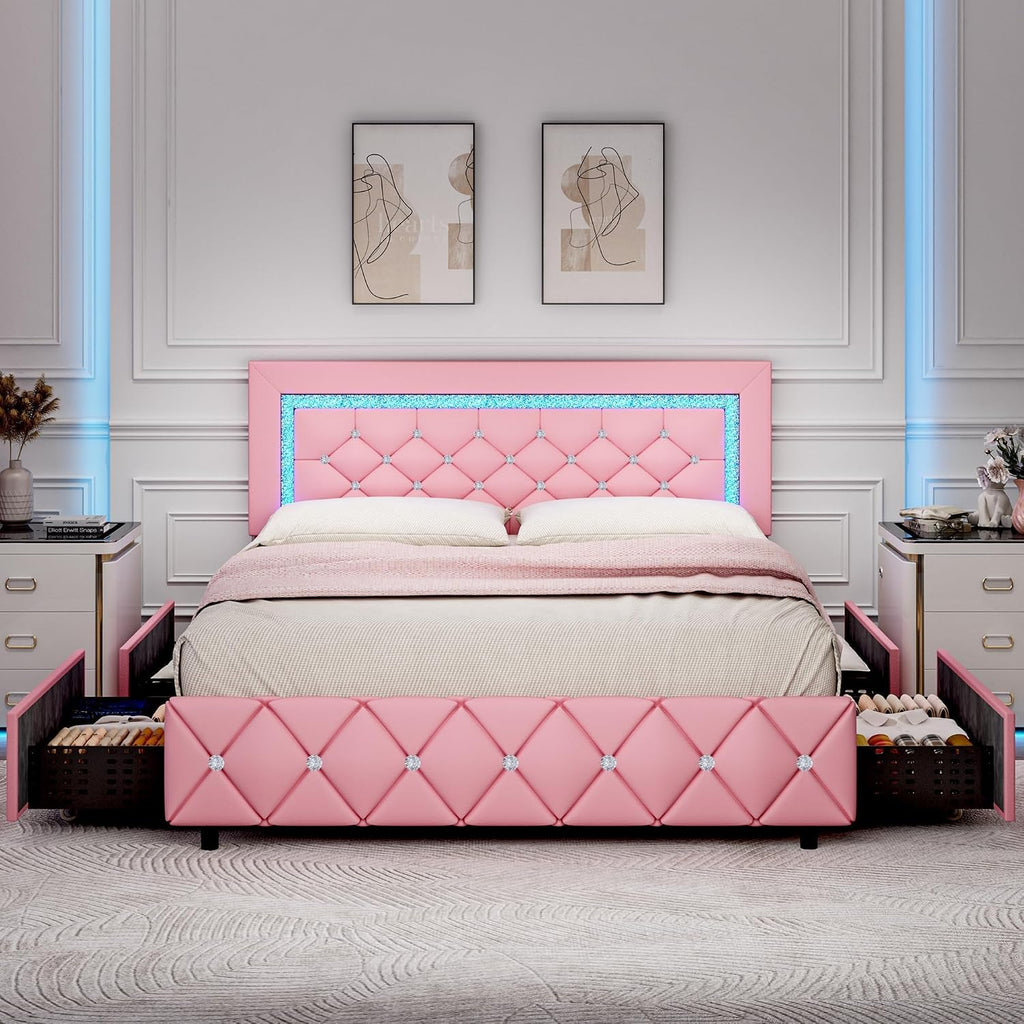 BarnFurin Queen Bed Frame with LED Lights, Upholstered Bed Frame with 4 Storage Drawers, Princess Platform Bed with Diamond Headboard and Footboard, No Box Spring Needed, Pink