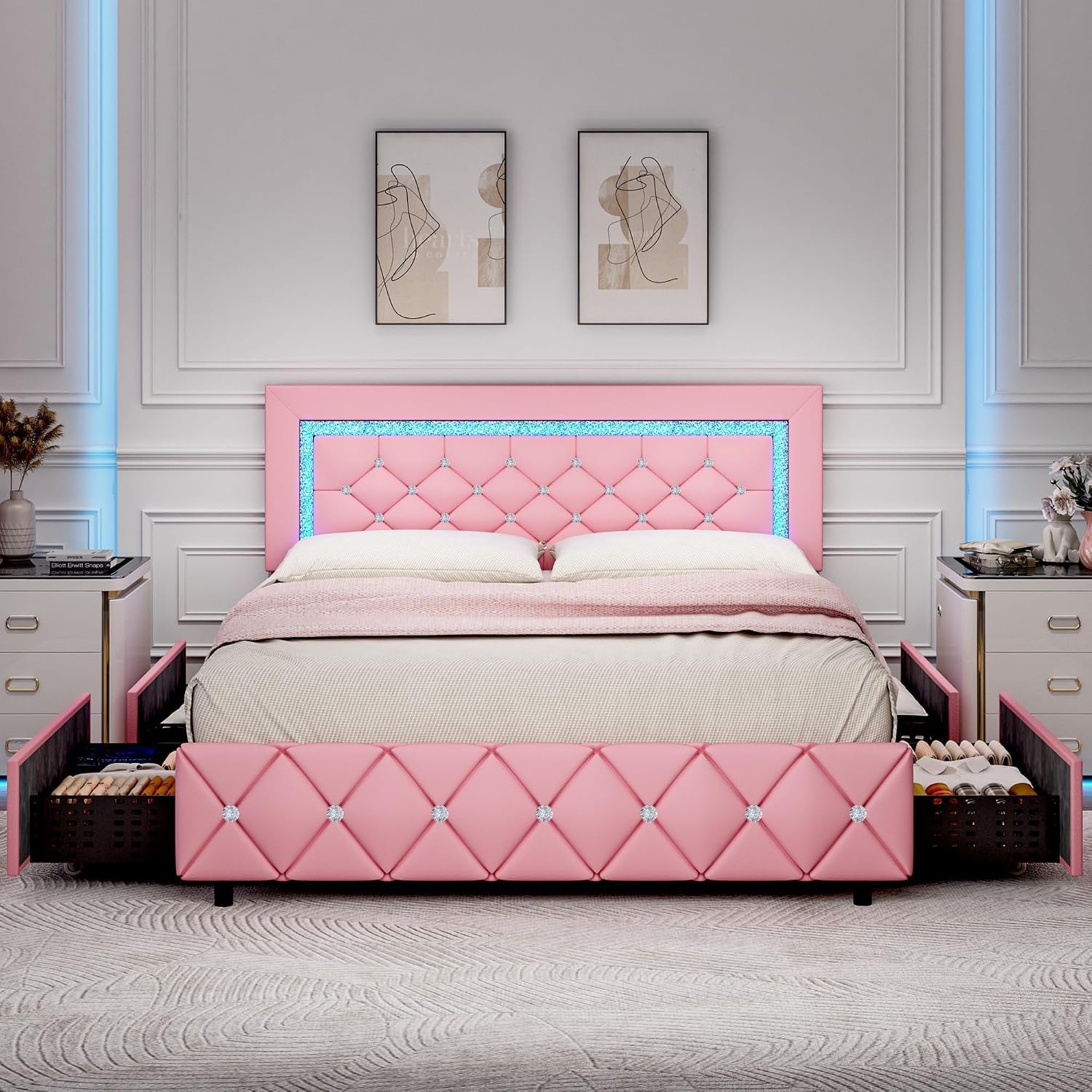 BarnFurin Queen Bed Frame with LED Lights, Upholstered Bed Frame with 4 Storage Drawers, Princess Platform Bed with Diamond Headboard and Footboard, No Box Spring Needed, Pink