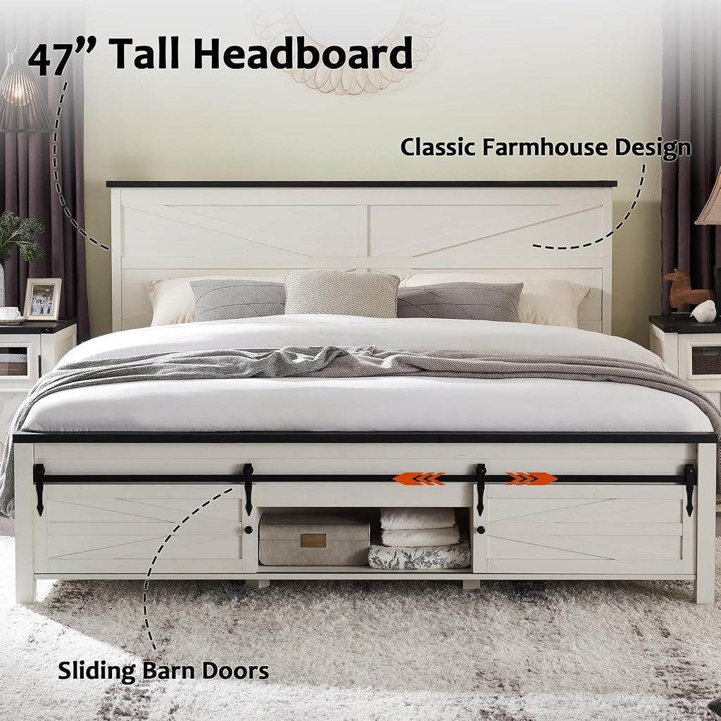 JXQTLINGMU Farmhouse Queen Size Bed Frame with 47' Tall Headboard, Wood Queen Bed Frame with Storage Cabinet, Solid Wood Slats Support, Noiseless, No Box Spring Needed (Antique White)