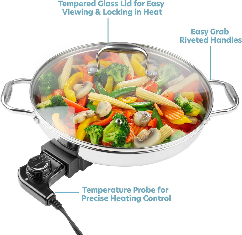 XL Electric 16' Skillet By CucinaPro- 18/10 Stainless Steel Frying Pan with Tempered Glass Lid and Handle, Round with Adjustable Temperature Control Probe, Portable, Includes Recipe Guide, Great Gift
