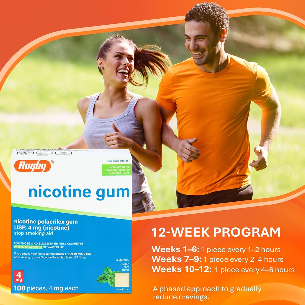 Rugby Polacrilex 4mg Nicotine Gum - Mint Flavor, Quit Smoking and Vaping Aid, Sugar-Free, 100 Count (4-Pack)