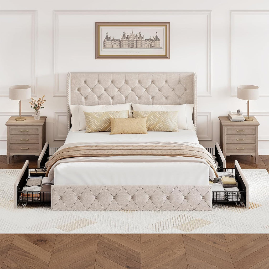 BRELTAM King Size Bed Frame with Storage Drawers and Wingback Headboard Linen Upholstered Platform Bed Frame Tufted Beds with Heavy Duty Wood Slats, Noise Free, Easy Assembly, Beige