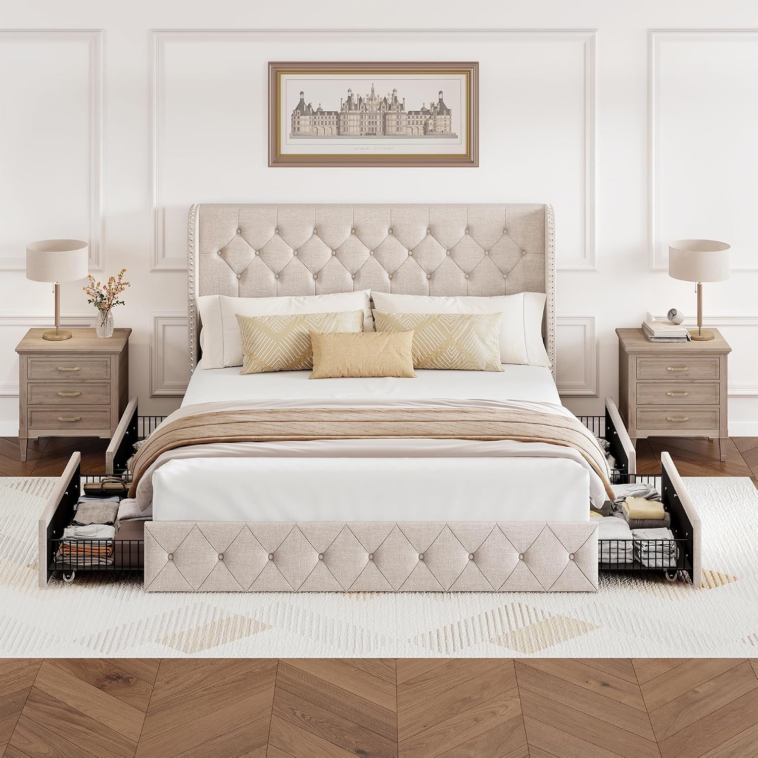 BRELTAM King Size Bed Frame with Storage Drawers and Wingback Headboard Linen Upholstered Platform Bed Frame Tufted Beds with Heavy Duty Wood Slats, Noise Free, Easy Assembly, Beige