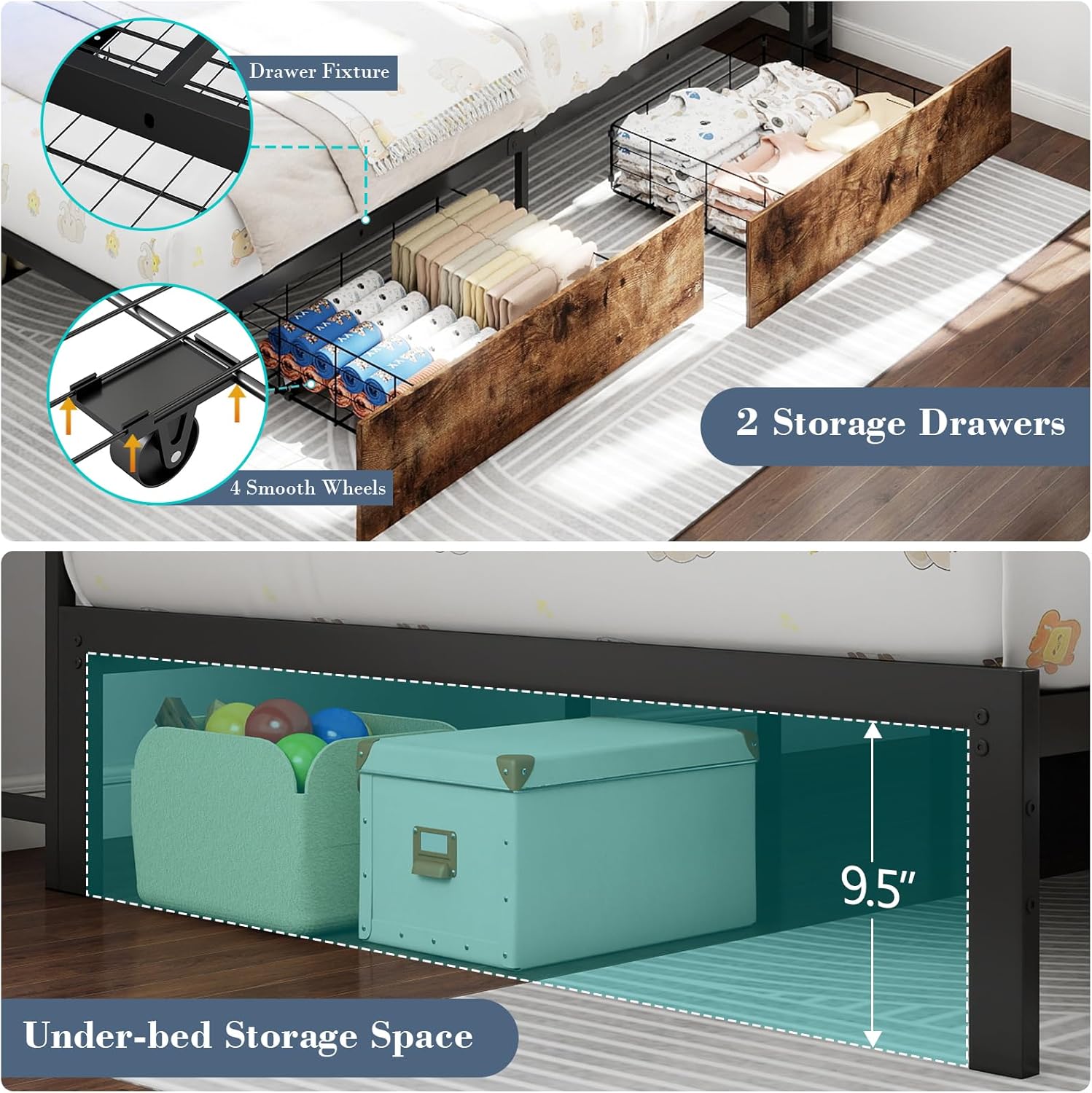 Doltoro Twin Corner Bed Frame with Storage Bookcase and LED Lights, Twin Size Daybed with 2 Storage Drawers, Upholstered Platform Bed with Headboard and Charging Station, Rustic Brown & Gray