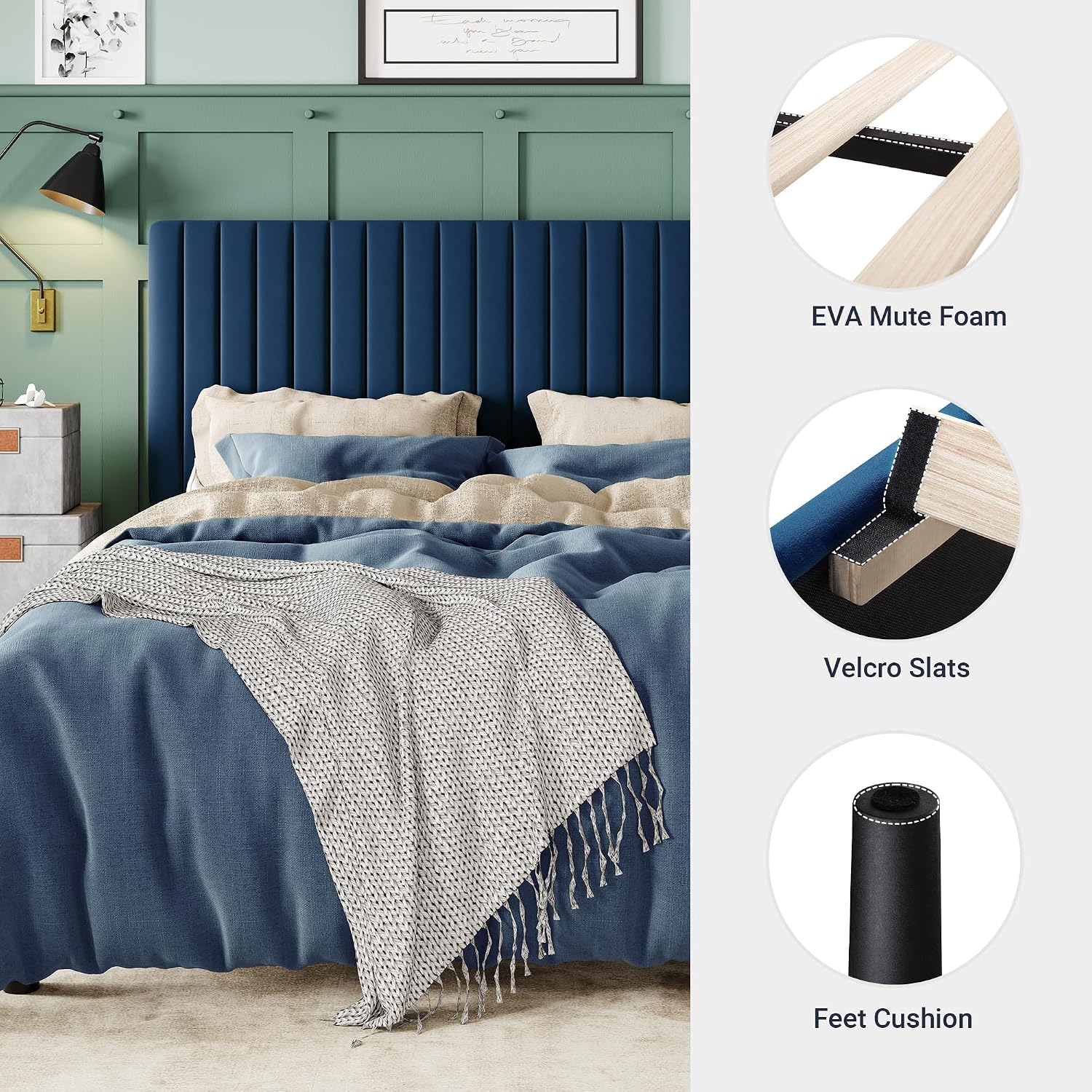 Allewie Full Bed Frame, Velvet Upholstered Platform Bed with Adjustable Vertical Channel Tufted Headboard, Mattress Foundation with Strong Wooden Slats, Box Spring Optional, Easy Assembly, Navy Blue