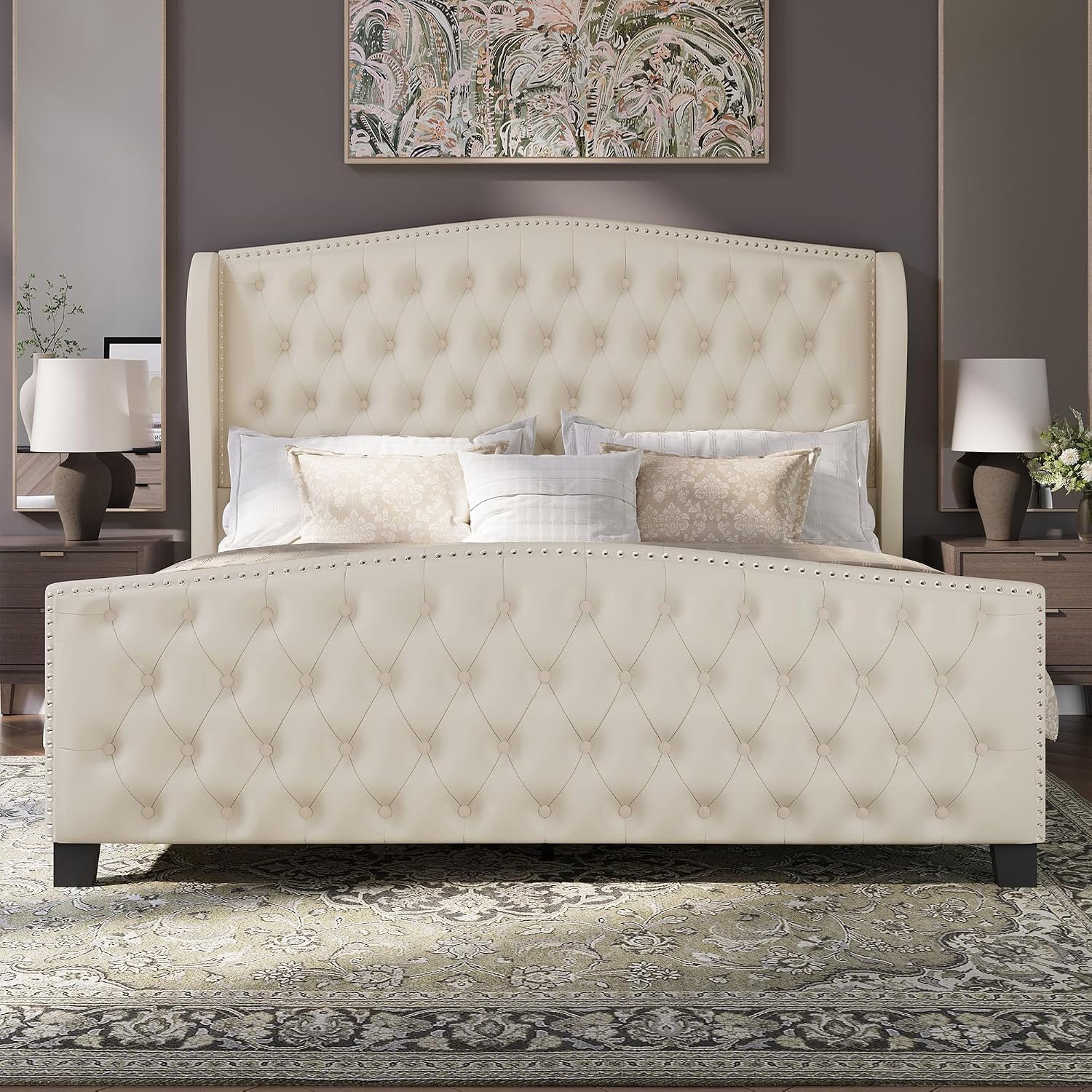 BRELTAM Upholstered King Size Bed Frame Velvet Beige Tufted Platform Bed Frame with Wingback Headboard & Footboard, with Deep Button Tufted & Nailhead Wooden Slats Support, No Box Spring Needed
