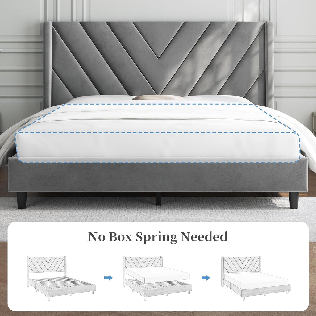 Yaheetech Full Bed Frame Upholstered Platform Bed with Wing Side Tufted Headboard/Sturdy Wooden Slat Support/No Box Spring Needed/Mattress Foundation,Light Gray Full Bed