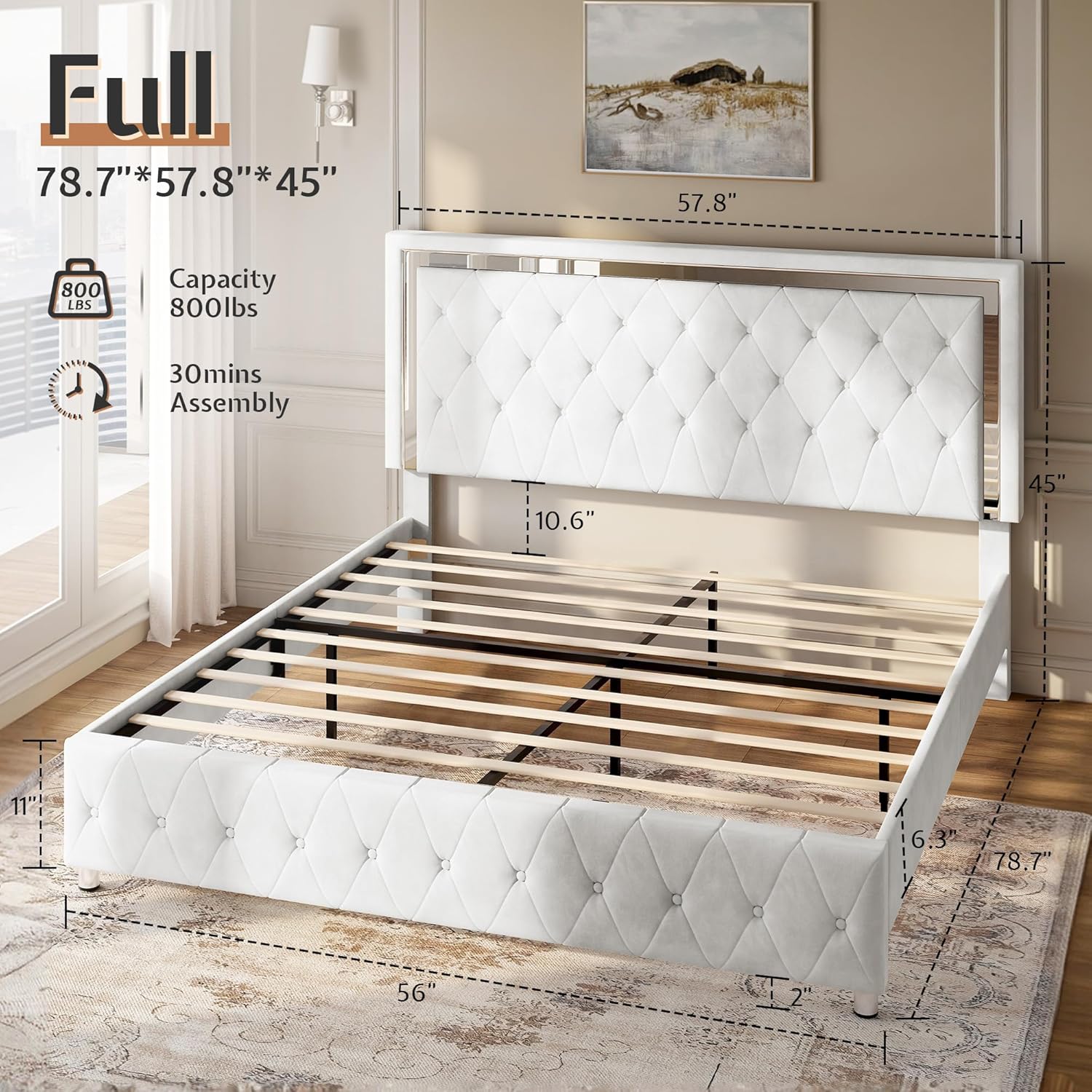 Jocisland Full Bed Frame with LED Lights Headboard&Footboard, Velvet Upholstered Full Size Platform Bed Frame No Box Spring Needed/White