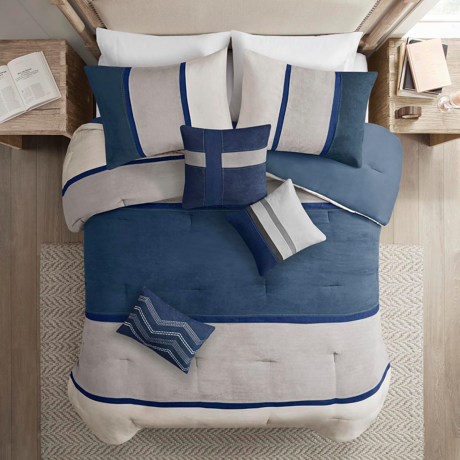 Madison Park Palisades Comforter Set Modern Faux Suede Pieced Stripe Design, All Season Down Alternative Cozy Bedding with Matching Shams, Decorative Pillows, King(104'x92'), Blue 7 Piece