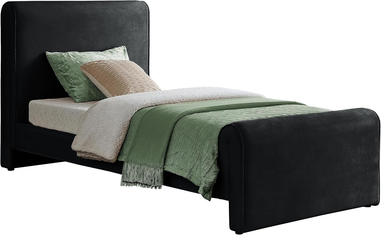Meridian Furniture SloanBlack-T Sloan Collection Modern | Contemporary Velvet Upholstered Twin Bed with Rich Soft Black Velvet, Curved Headboard and Footboard, 44.5' W x 92' D x 45' H, Black, Twin