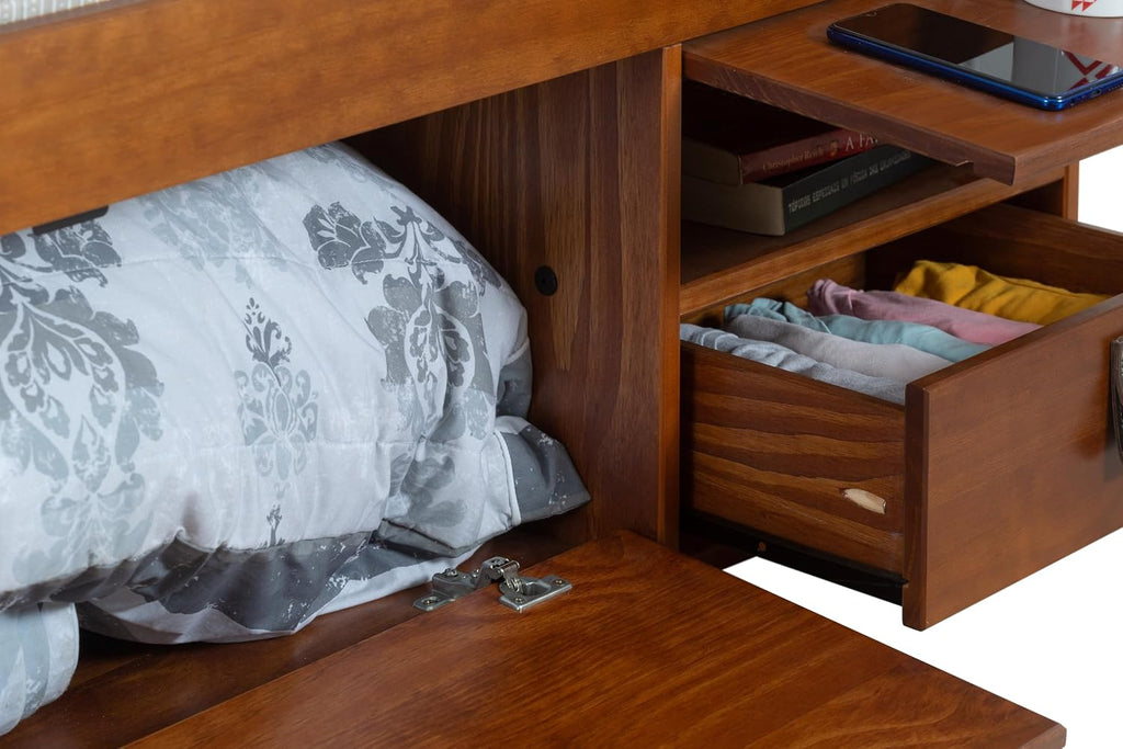 memomad Bali Slim Set: Storage Platform Bed with Drawers + Flat Panel Headboard (Full Size, Caramel Brown Wood)