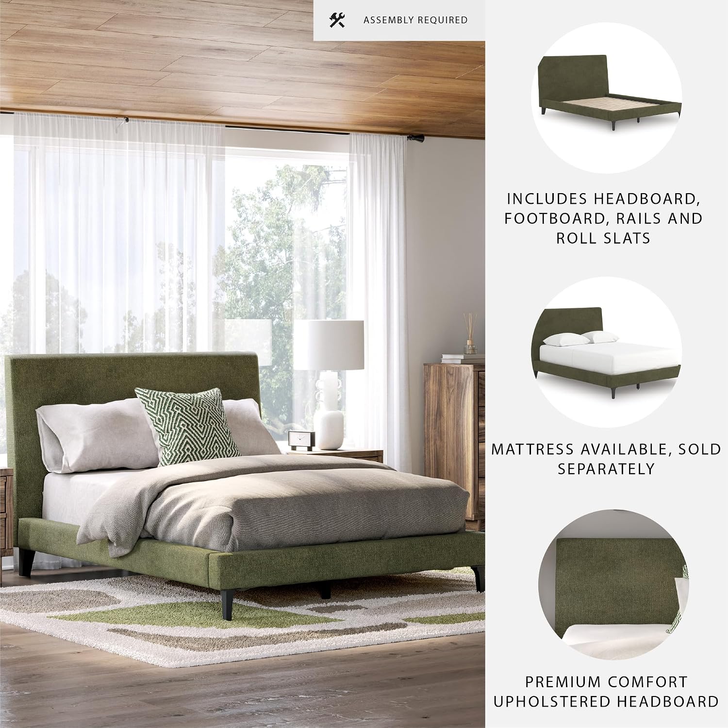 Signature Design by Ashley Darcalli Casual Full Upholstered Platform Bed with Roll Slats, No Foundation or Box Spring Needed, Green