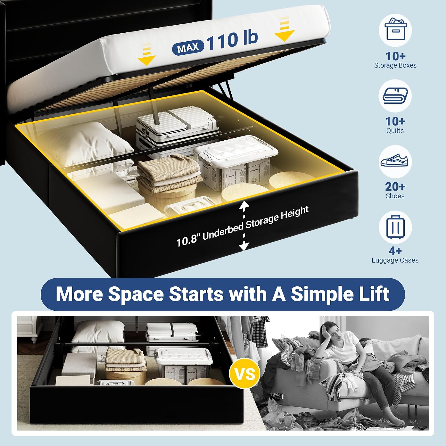 Allewie Full Size Velvet Lift Up Storage Bed, Modern Wingback Headboard, Hydraulic Support, No Box Spring Needed, Black