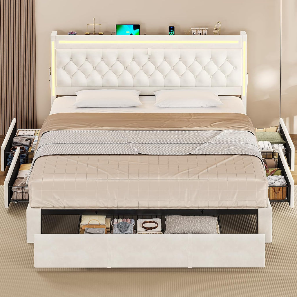 BTHFST Upholstered LED Bed Frame Queen Size with 5 Storage Drawers, Hidden Storage Headboard with Charging Station, Velvet Button Tufted Headboard Platform Bed, Beige