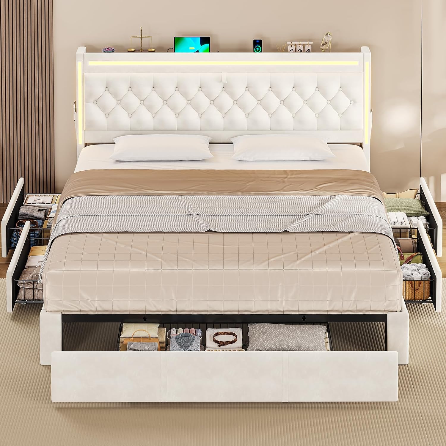 BTHFST Upholstered LED Bed Frame Queen Size with 5 Storage Drawers, Hidden Storage Headboard with Charging Station, Velvet Button Tufted Headboard Platform Bed, Beige