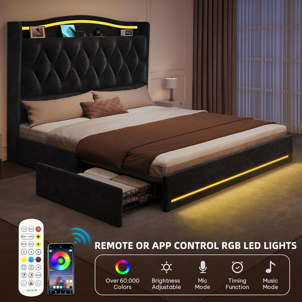 YITAHOME Queen Size Bed Frame with 4 Storage Drawers and RGB LED Lights, 57'' Tall Headboard Velvet Upholstered Bed with Charging Station, No Box Spring Needed, Easy Assembly, Noise-Free, Black