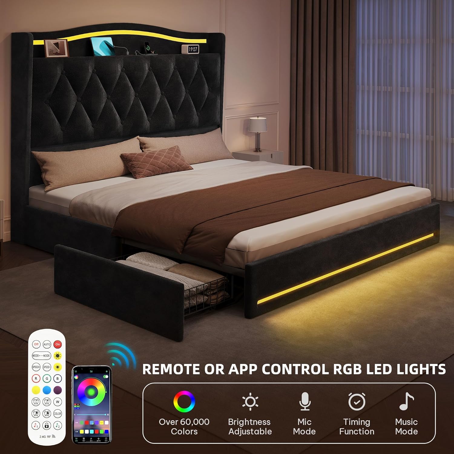 YITAHOME Queen Size Bed Frame with 4 Storage Drawers and RGB LED Lights, 57'' Tall Headboard Velvet Upholstered Bed with Charging Station, No Box Spring Needed, Easy Assembly, Noise-Free, Black