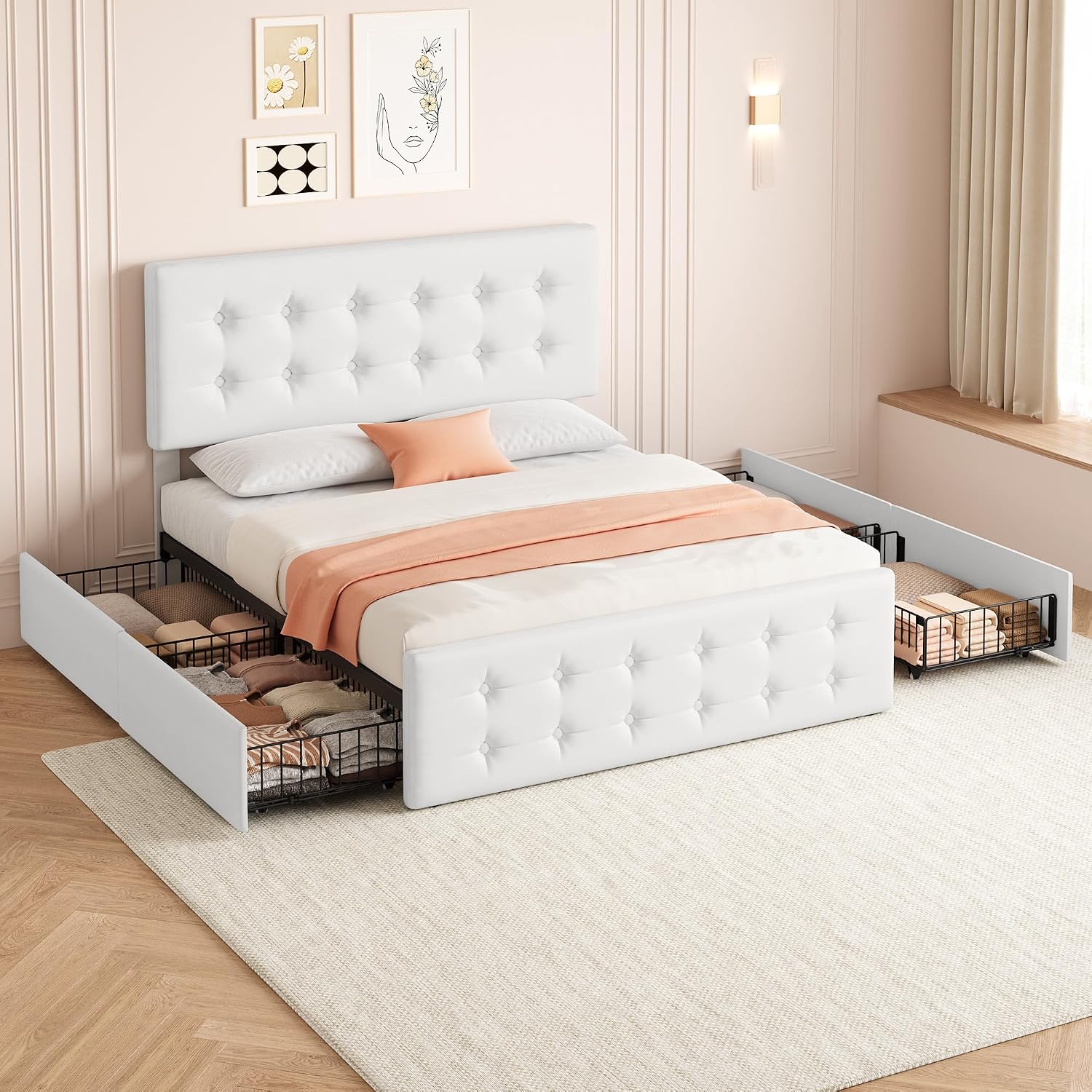 IDEALHOUSE Queen Size Bed Frame with 4 Storage Drawers and Headboard, Faux Leather Upholstered Platform Bed Frame with Wooden Slats Support, Button Tufted Design, No Box Spring Needed, White