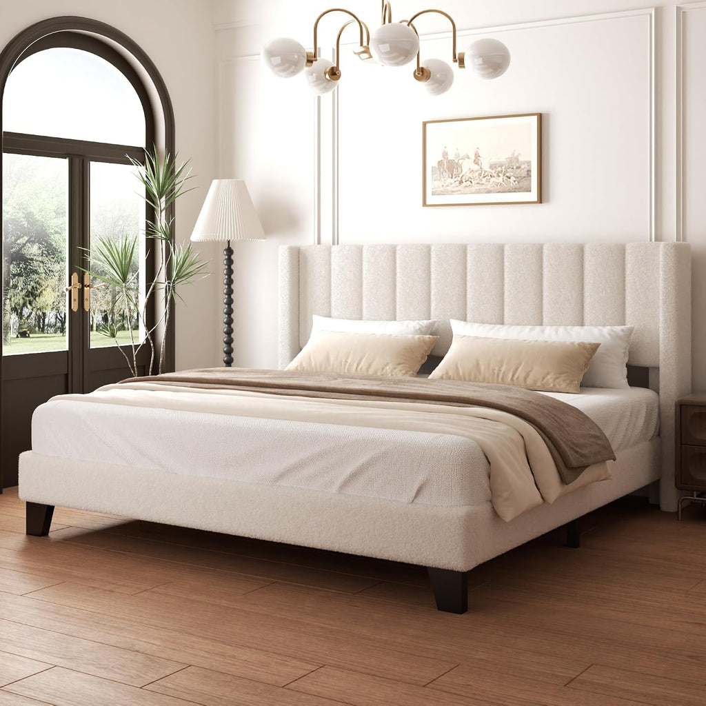 King Bed Frame with Headboard Upholstered Platform Bed Frame with Teddy Velvet Headboard, Wooden Slats Support/Wing Edge Design/No Box Spring Needed/Easy Assembly, Beige King