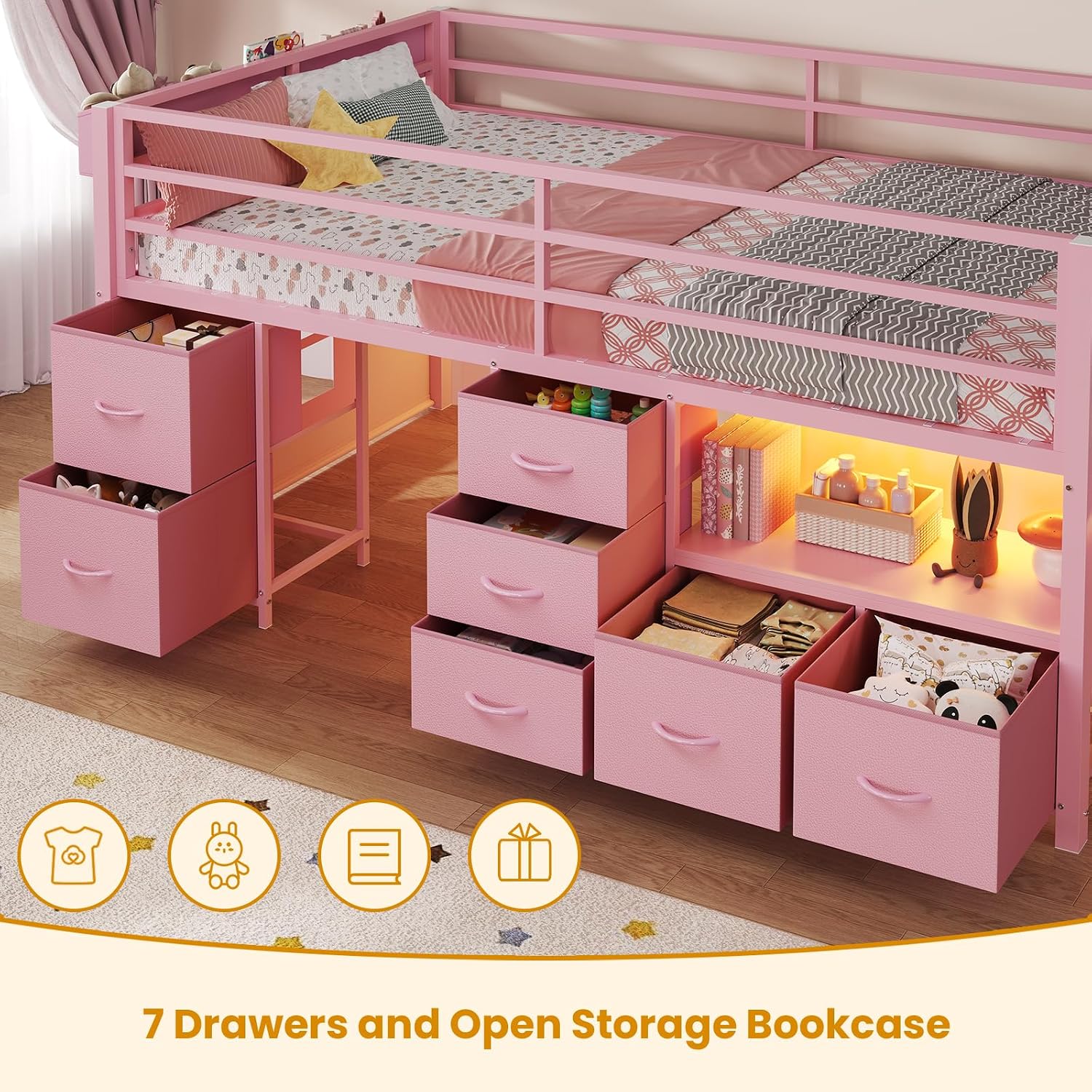 ADORNEVE Low Loft Bed Twin Size with 7 Storage Drawers, Bookcase and LED Lights, Metal Kids Loft Bed with 14' H Safety Guardrail,Inclined Ladder and Play Curtain, Under-Bed Play Space,Pink