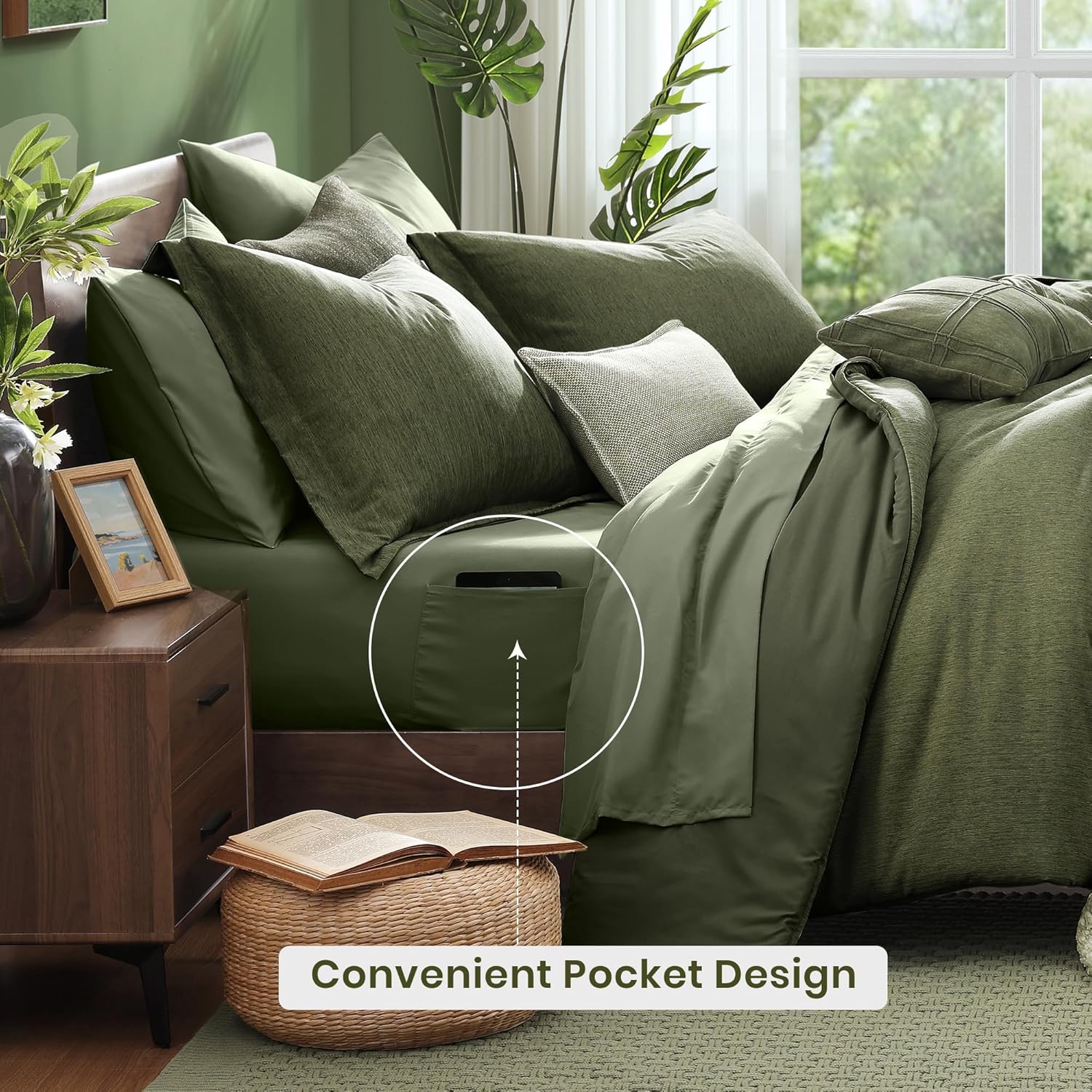 Monbix Super King Comforter Set, Olive Green Cationic Dyeing Bedding Set Reversible, Bed in a Bag 7 Pieces with Comforter, Sheets, Pillowcases & Shams