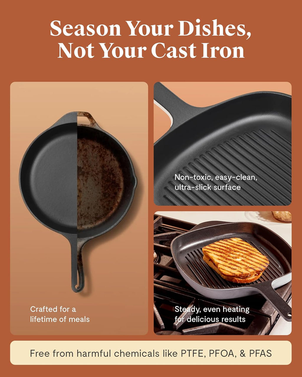 Caraway Enameled Cast Iron Grill Pan - 10.5' Grill Pan for Stovetop Cooking - 3 Layer Enamel Coating - No Seasoning Required - Compatible With All Stovetops - Free From Forever Chemicals - Charcoal