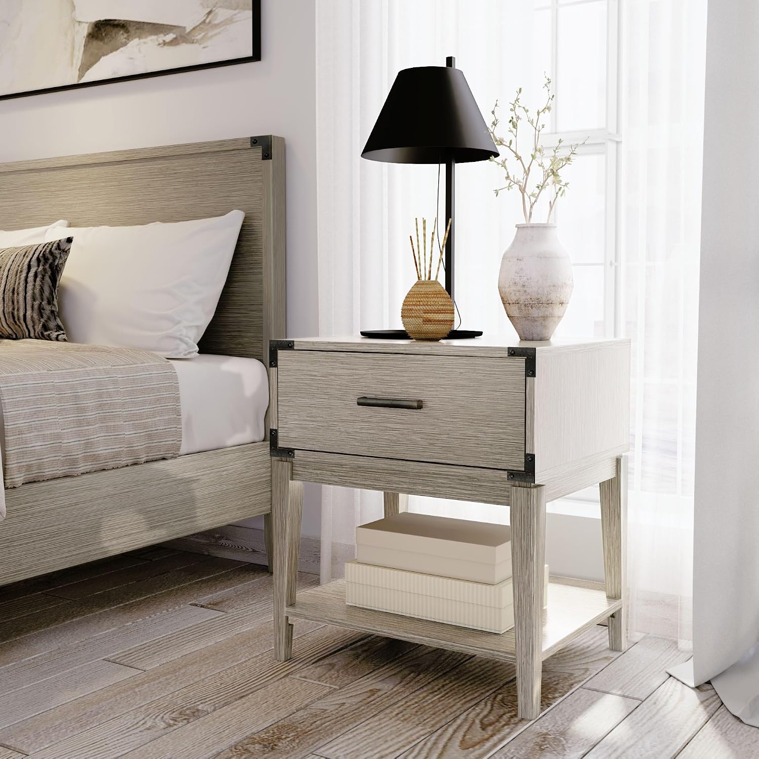 Plank+Beam Contempo Wood Nightstand with 1 Drawer, Wooden Side Table for Bedroom Storage, Bedside End Table, Seashell Wirebrush