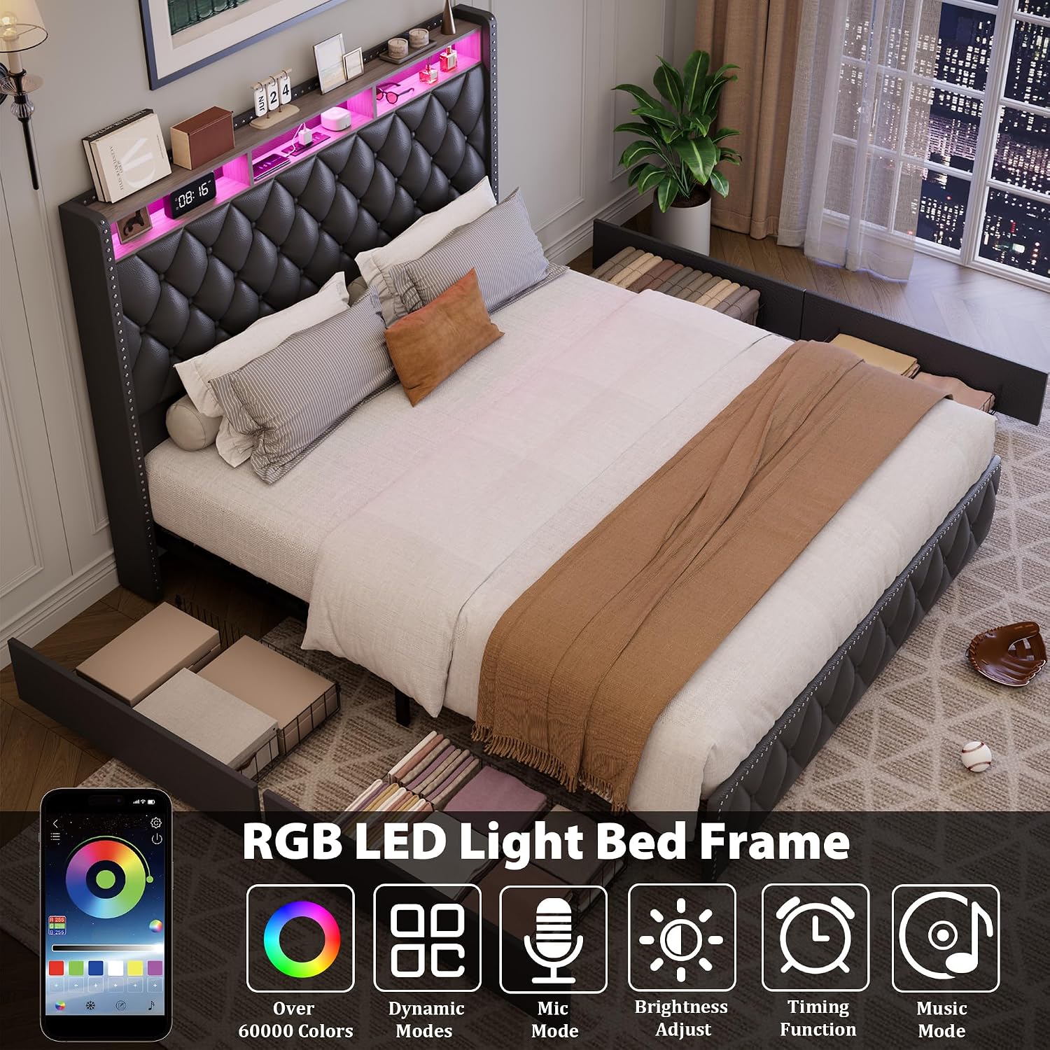 GarveeHome Queen Bed Frame with 50.8 in Tall Headboard, Platform Leather Upholstered Bed Frame with 4 Storage Drawers, USB Charging Station, Led Lights, No Box Spring Needed, Easy Assembly, Black