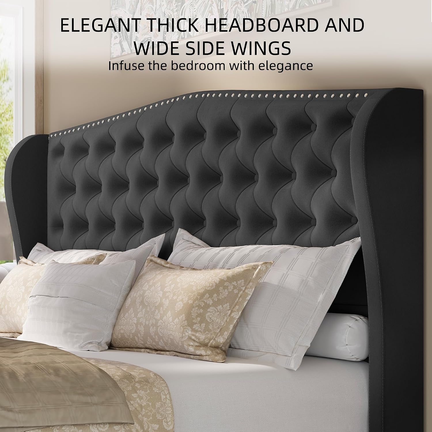BRELTAM Upholstered Queen Size Bed Frame Velvet Tufted Platform Bed Frame with Wingback Headboard & Footboard, with Deep Button Tufted & Nailhead Wooden Slats Support, No Box Spring Needed,Grey