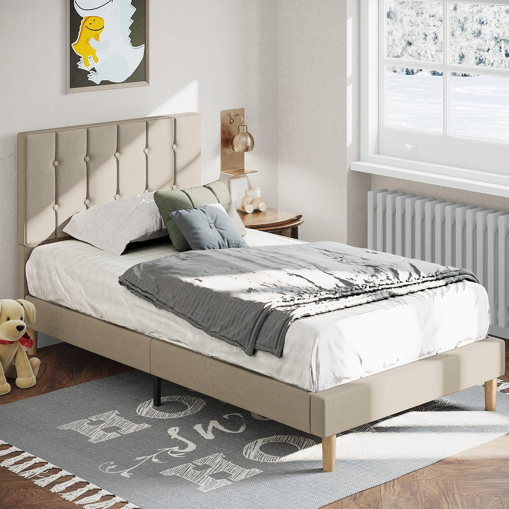 LIKIMIO Twin Bed Frames, Velvet Upholstered Platform Bed Frame with Headboard and Strong Wooden Slats, No Box Spring Needed/Noise-Free/Easy Assembly, Beige