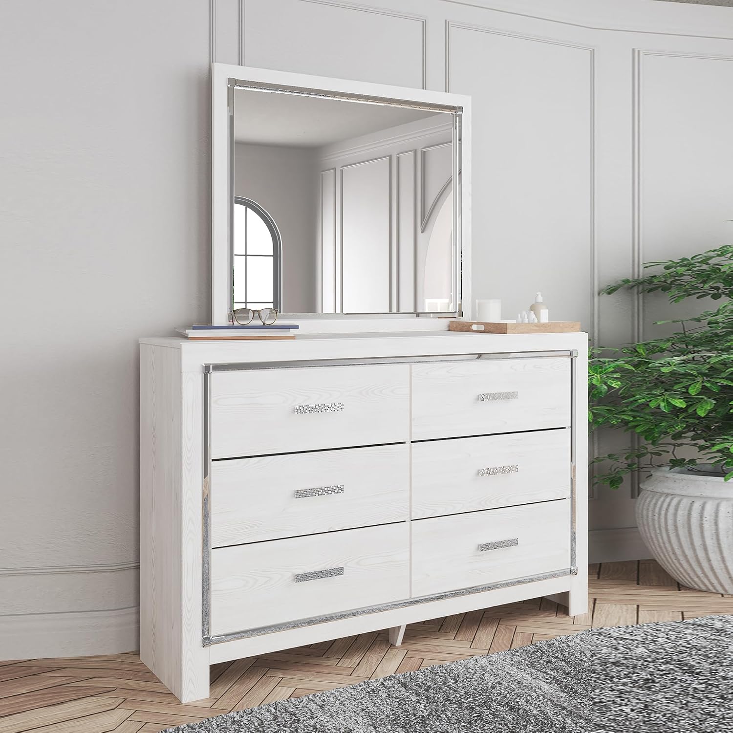Signature Design by Ashley Altyra Modern Smooth-Gliding 6-Drawer Dresser and Mirror with Safety Stop, White