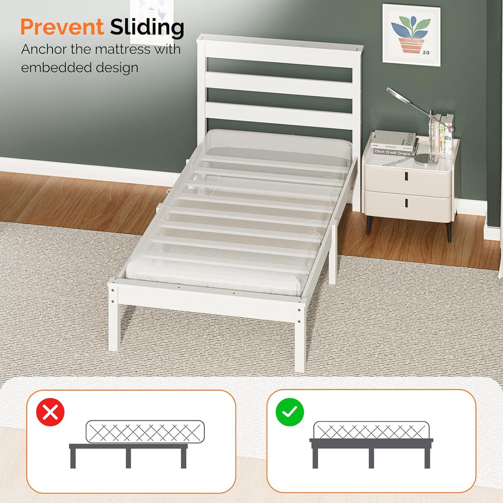 VINGLI LED Twin Bed Frame Set of 2 Solid Wood Platform Single Bed with Headboard Shelf USB Charging Station,Panel Bed, Wood Slat Support Mattress Foundation, White
