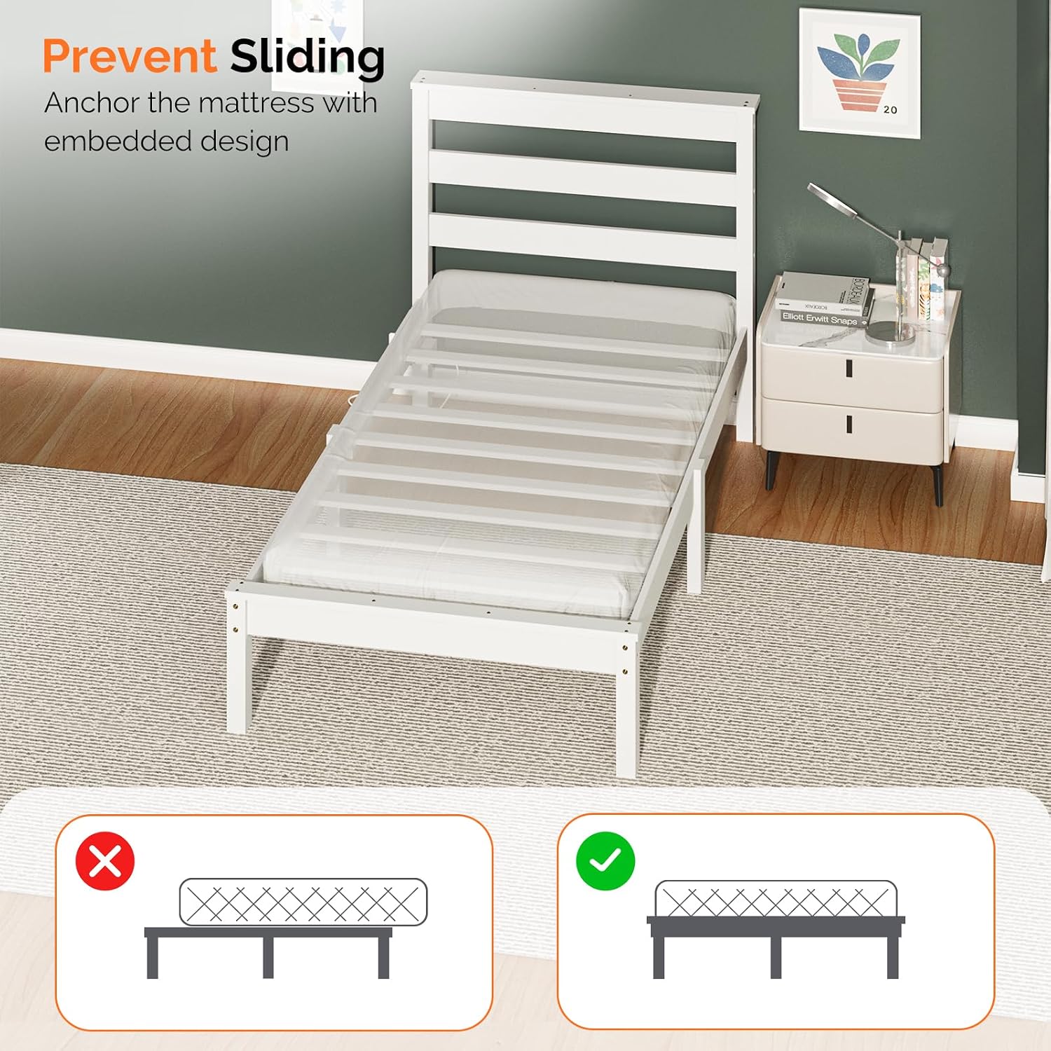 VINGLI LED Twin Bed Frame Set of 2 Solid Wood Platform Single Bed with Headboard Shelf USB Charging Station,Panel Bed, Wood Slat Support Mattress Foundation, White