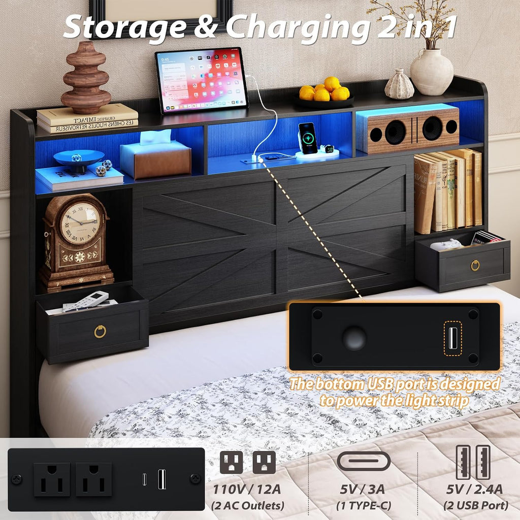 TIGUBFRE Queen Bed Frame with Storage Headboard, Farmhouse Wood Bed Frame Queen Size with 4 Drawers, LED Light & Charging Station, Metal Slats Support, Noise Free, No Box Spring Needed, Rustic Black